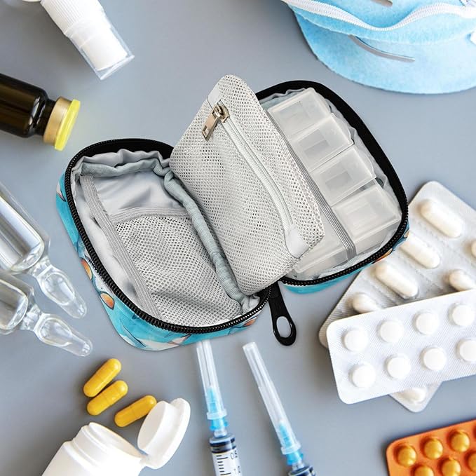 Fustylead Cute Sharks with Orange Glasses Travel Pill Organizer Case Zipper for Purse with Removable Weekly Pill Box for Medicine, Vitamin, Supplement Medicine Organizer
