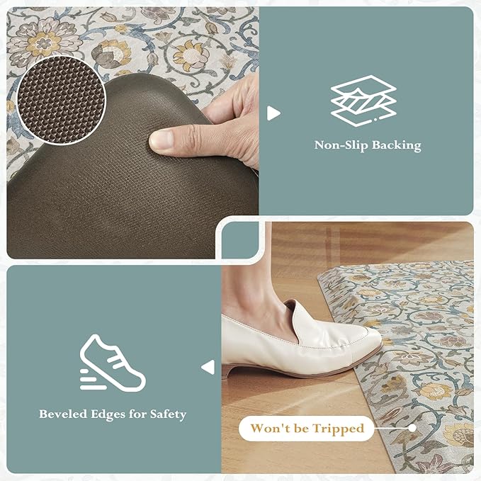 KIMODE Anti Fatigue Mats for Kitchen Floor Non Slip,Farmhouse Floral Sink Rug Waterproof for Laundry,Extra Thick Memory Foam Ergonomic Cushioned Carpet for Office,Yellow/Blue