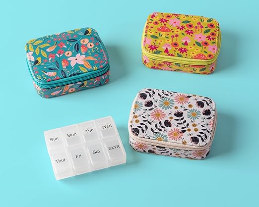 Karma, Travel Pill Case, Weekly Travel Pill Organizer, Removable 8-Compartment Pill Box, Travel Pill Medicine Organizer, Stamps