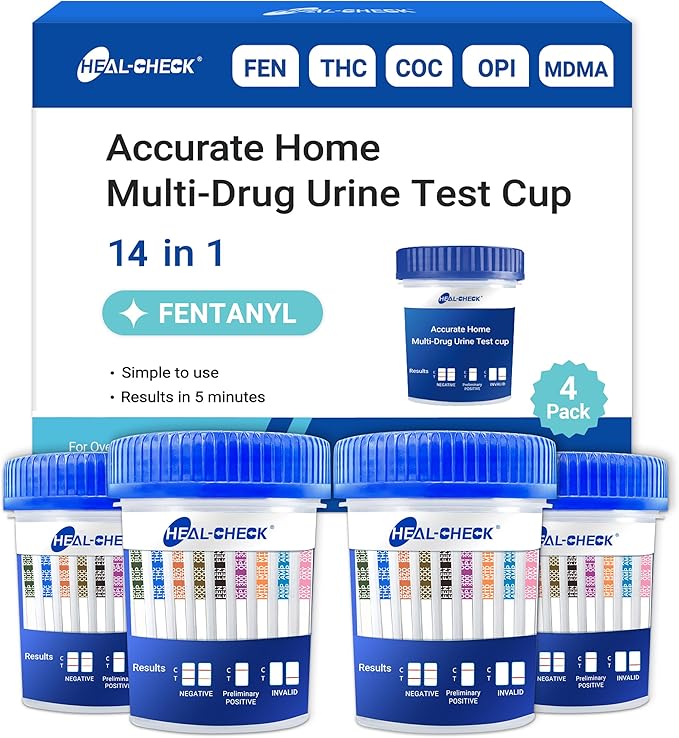 [4 Pack] 14 Panel Multi Drug Test Kit with Fentanyl (FEN), HEAL-CHECK Professional Drug Urine Test Cup for Workplace, Rehab & Home Use –THC, AMP, BUP, BAR, BZO, COC, MET, MDMA, OPI, MTD, OXY, PCP, PPX