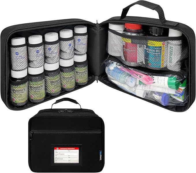 Large Pill Bottle Organizer With Emergency Card - 10 Pockets Medicine Bag for Travel & Home Storage - Black