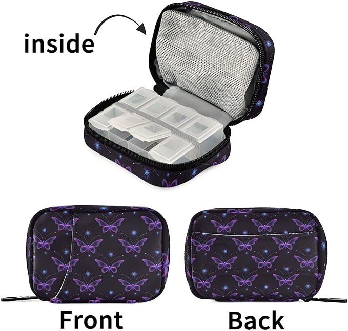 Travel Pill Organizer Bag Weekly Pill Organizer Case Glittering Magic Butterfly Portable Small Daily Pill Boxes for Vitamin Fish Oils Supplement Holder with Zipper Compact Size