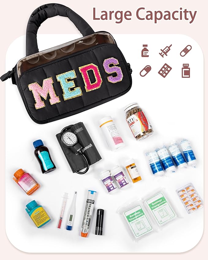 Fasrom Chenille Letter Medicine Bag, Preppy Patch Meds Bags for Travel, Pill Bottle Organizer with Puffy Handles, Portable Cosmetic Toiletry Storage Makeup Case for Women, Black (Bag Only)