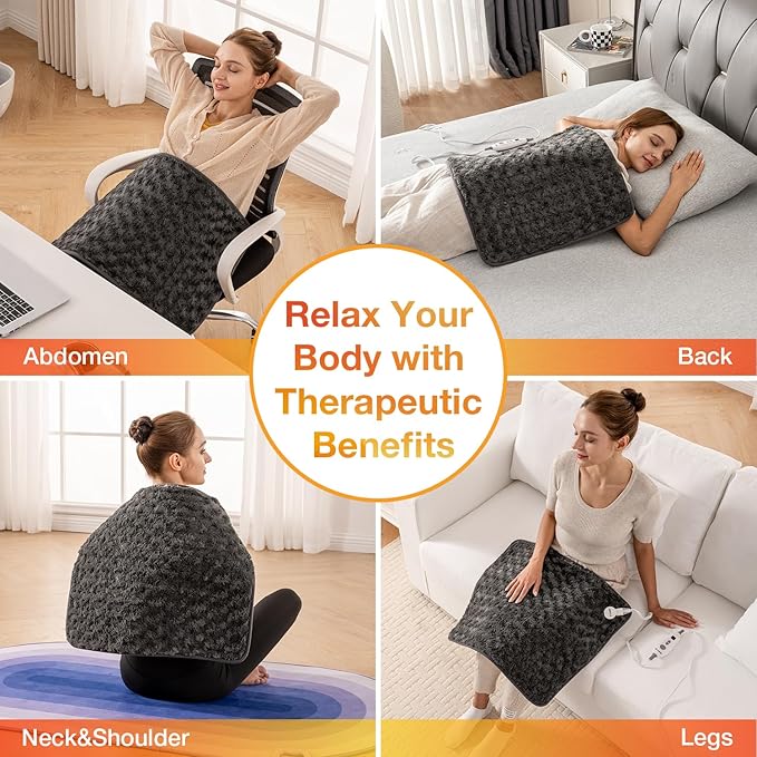 Woomer Faux Fur Electric Heating Pad for Back Pain Relief, Extra Large 20” x 24”, Extended Coverage from Neck to Hip, Two-Sided, Moist Mode, ETL Certified, 6 Adjustable Heats & 2H Auto-Off,Grey