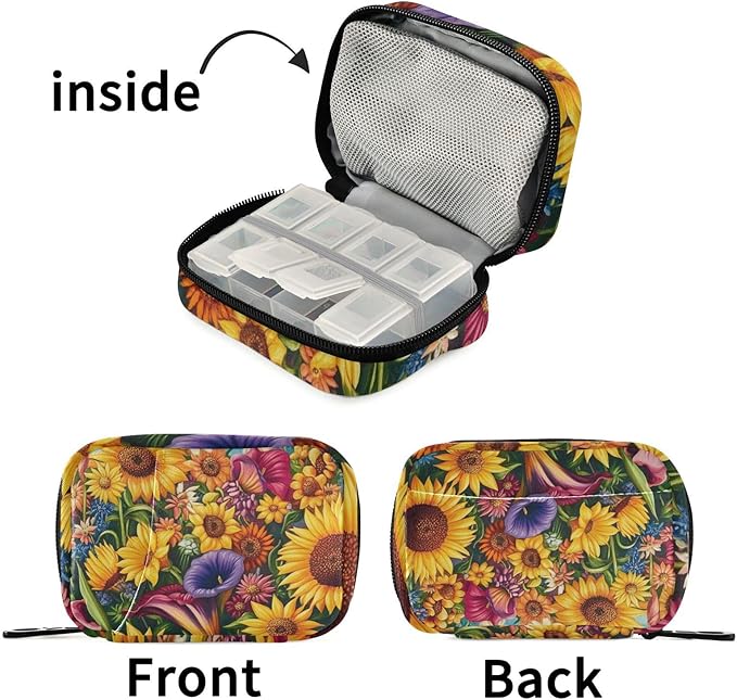 Travel Pill Case Sunflowers Flowers Leaf Weekly Small Pill Box 7 Day Pill Box Pill Organizer Bag