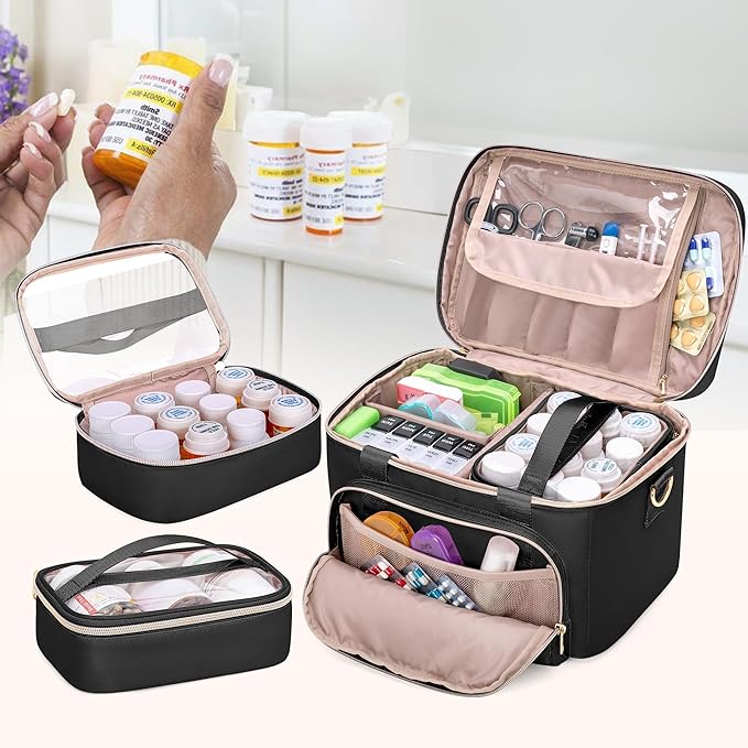 Medicine Storage Bag with 2 Medical Bags, Pill Bottle Organizer Bag Empty First Aid Bag for Travel, Home Healthcare, Black(Empty Bag Only)
