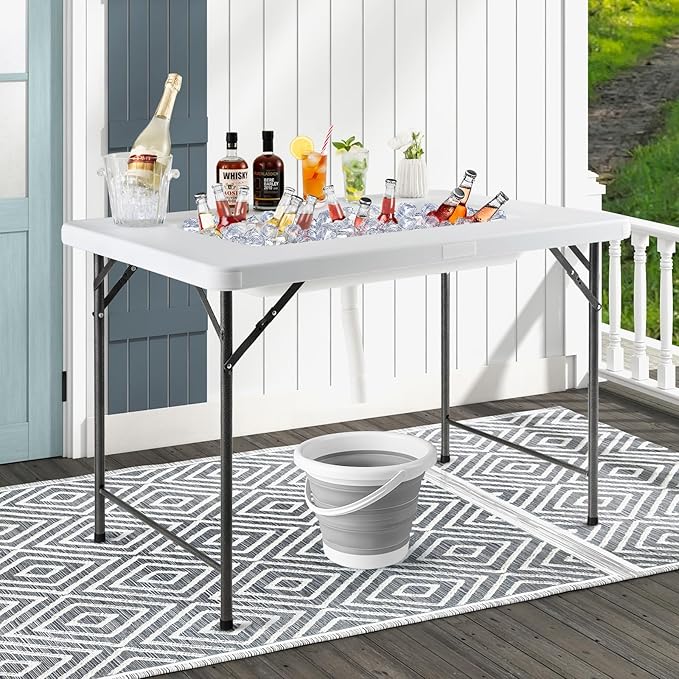 Giantex Foldable Ice Bin Table with Drain & Bucket, Removable Skirt, 48" x 32" HDPE Cooler Table for Parties, Catering, Weddings, Outdoor Events, Portable Fill and Chill Beverage Serving Station