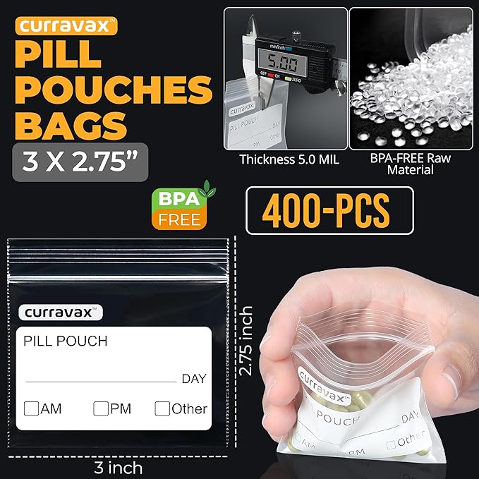 Pill Pouch Bags for Travel Pack of 400 - BPA Free 3 x 2.75 inch Pill Pouch - Pill Pouches for Medicine with Write on Label –Clear Ziplock Pill Baggies for Travel Medicine Organizer