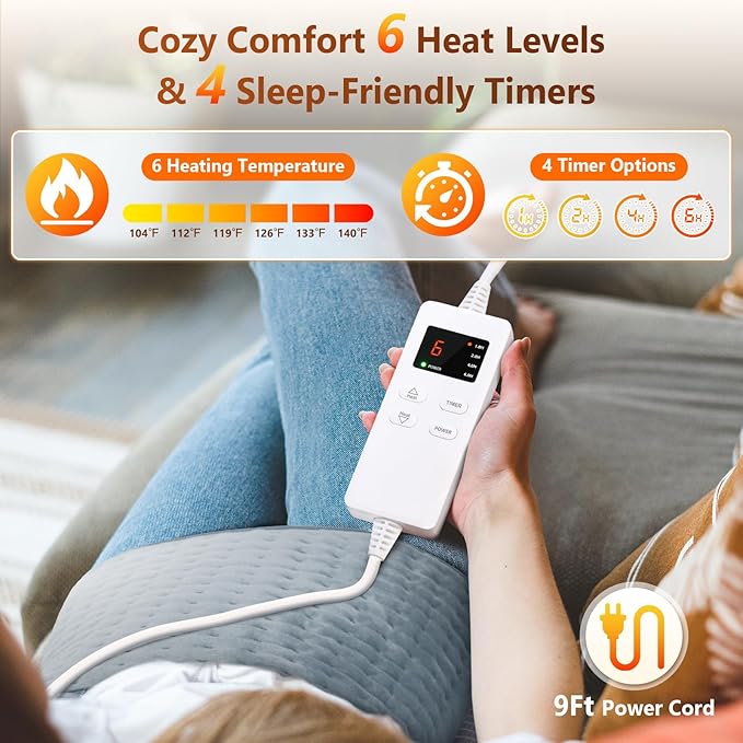 Heating Pad for Back Pain Relief, Upgraded (12"x24"+26'') Extra Large Heating Pad for Period Cramps with 4 Timers Auto Shut Off & 6 Heat Levels, Electric Heating Pad for Lower Back Neck Shoulder, Gray