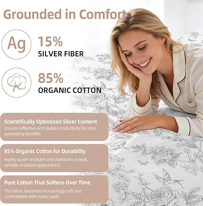 Grounding Sheets Queen Black Floral - 15% Pure Silver + 85% Organic Cotton Fitted Bed Sheet for Earthing - 400 Thread Count Deep Pocket Grounded Bedsheets - Improved Sleep Down to Earth Ground Bedding