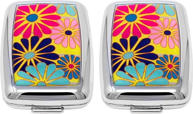 Set of 2 Dual-Compartment Rectangular Pocket Purse Pill Box & Organizer with Insert (Daisy Medley)