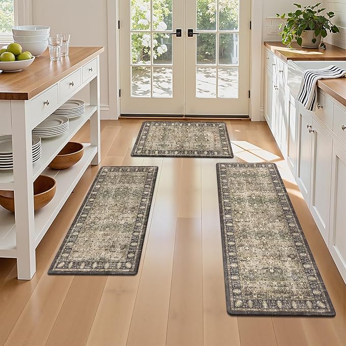 Pauwer Anti Fatigue Kitchen Floor Mats Set of 3, PVC Foam Padded Kitchen Rugs, Non Slip Cushioned Comfort Standing Mat, Waterproof Sink Rug for Small Kitchen Area, Laundry Room, Multi Brown