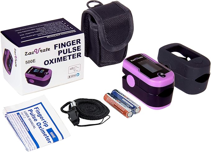 Zacurate 500E Premium Fingertip Pulse Oximeter Oximetry Blood Oxygen Saturation Monitor with Silicon Cover, Batteries and Lanyard (Mystic Purple)
