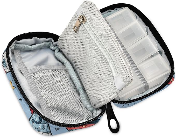 Light Blue Doodle Boom Space Rockets Stars Travel Pill Organizer Case Box Container Weekly Portable Vitamin Medicine Holder Storage Bag with Zipper Removable