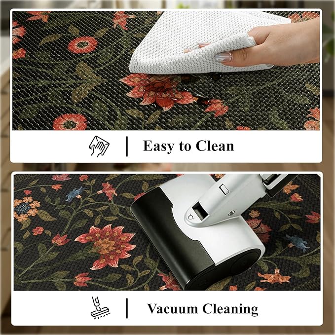 Collive Anti Fatigue Mats for Kitchen Floor, Waterproof Cushioned Kitchen Rugs Sets of 2 Non Skid Padded Sink Rugs, Vintage Floral Comfort Standing Mat for Laundry, Office, 17.3"x29"+17.3"x59", Black