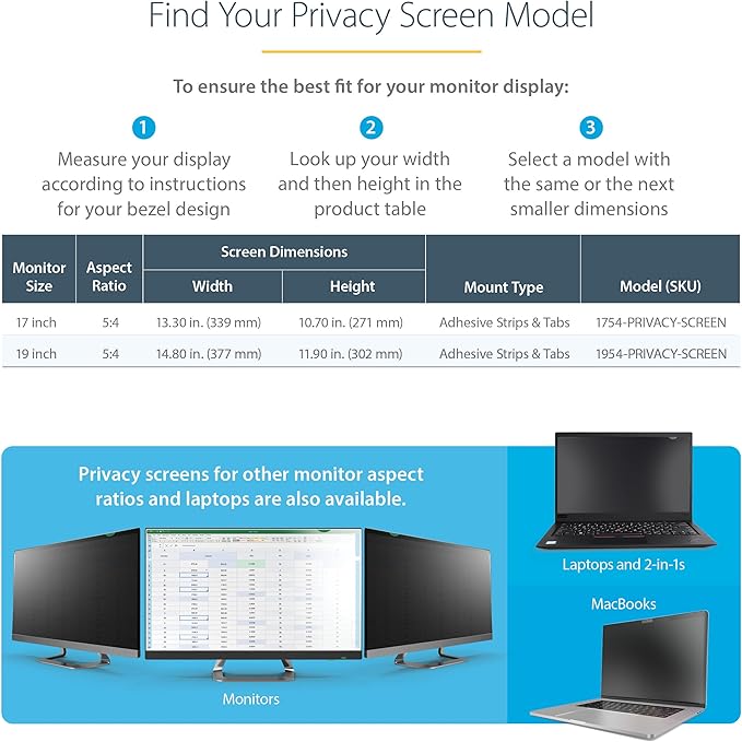 StarTech.com 19-inch 5:4 Computer Monitor Privacy Filter, Anti-Glare Privacy Screen w/51% Blue Light Reduction, Monitor Screen Protector w/+/- 30 Deg. Viewing Angle (1954-PRIVACY-SCREEN)