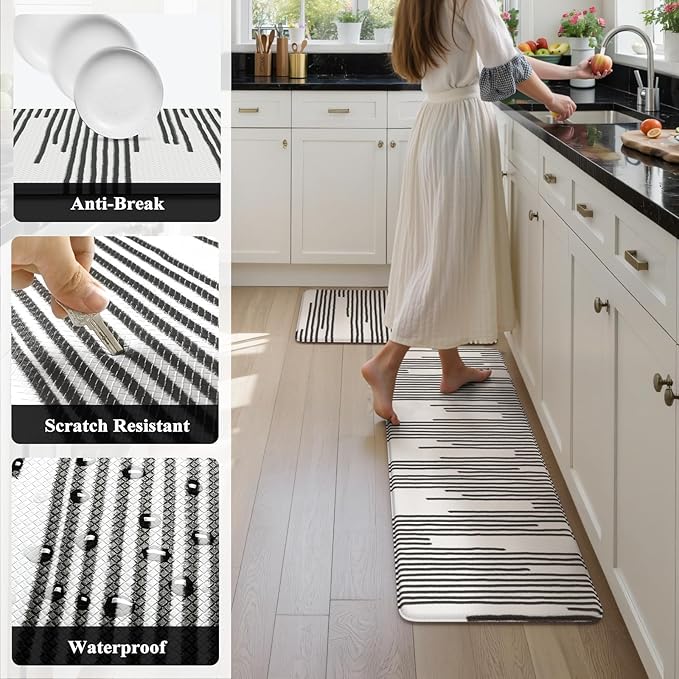 KIMODE Anti Fatigue Mats for Kitchen Floor 17"x47"+17"x29", Farmhouse Kitchen Rugs Sets of 2, Cushioned Kitchen Floor Mat Non Skid, Memory Foam Kitchen Mat for Laundry Office Sink Desk Black Lines