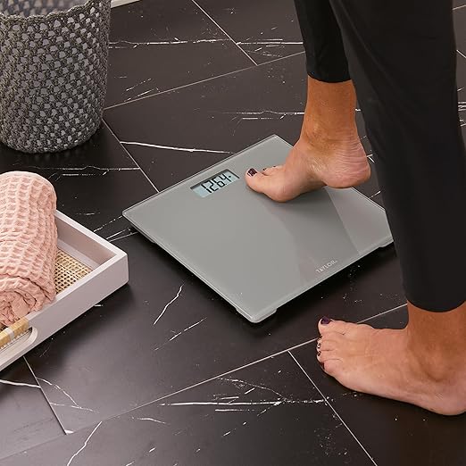 Taylor Digital Scales for Body Weight, 350 LB Capacity Bathroom Scale, 11.0 x 11.0 Inch Durable Glass Platform, Battery Powered, Easy to Read, Gray