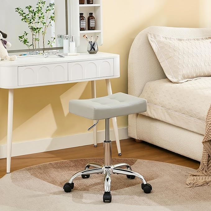 Saddle Stool with Wheels, Swivel Rolling Stools for Vanity, Adjustable Height Tattoo Stool 17"-21" (Gray)