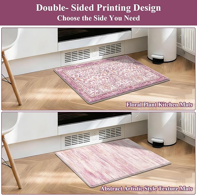 U'Artlines Kitchen Anti Fatigue Mats Sets of 2,Double-Sided Print Kitchen Mat Cushioned Comfort Standing Waterproof PVC Rugs,Pink Floral Rugs for Laundry Office Desk Sink(17"x28"+17"x47")