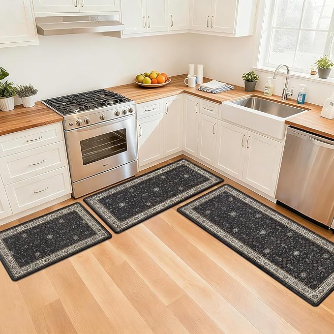 Pauwer Anti Fatigue Kitchen Floor Mats Set of 3, PVC Foam Padded Kitchen Rugs, Non Slip Cushioned Comfort Standing Mat, Waterproof Sink Rug for Small Kitchen Area, Laundry Room, Black