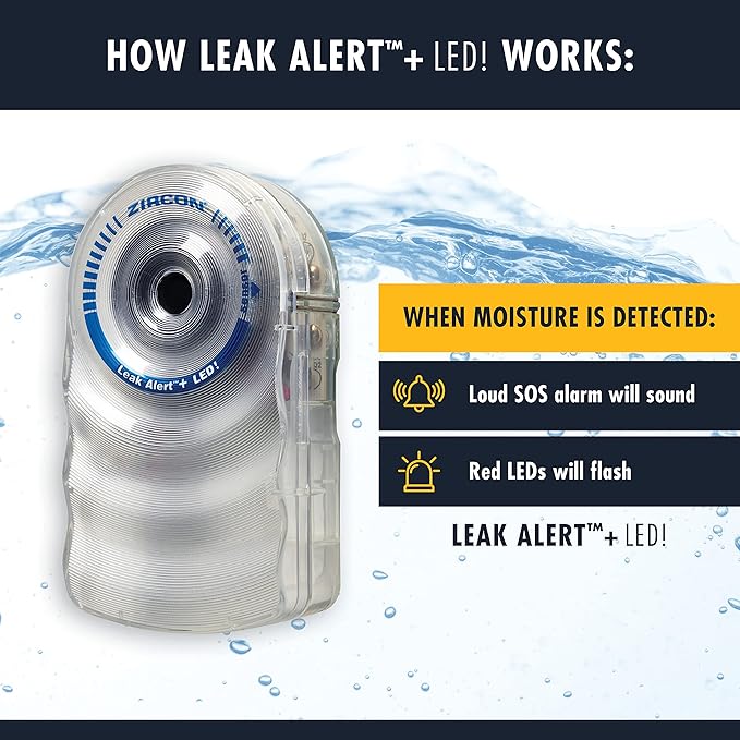 Zircon Leak Alert + LED! Water Leak Detector & Flood Sensor Alarm/Water Leak Sensor with Dual Leak Alarms 90dB Audio + Flashing LED lights/Battery Powered (5 Pack) Batteries Not Included, (72313)