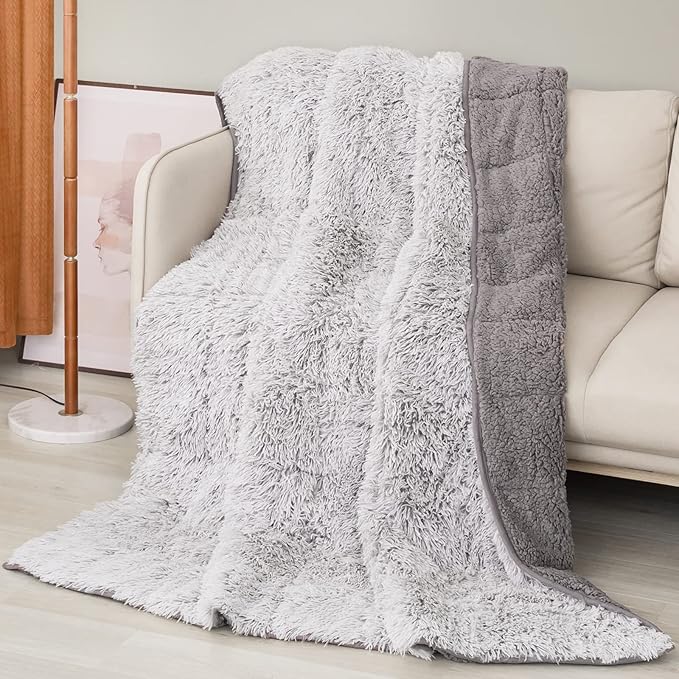 Cottonblue Faux Fur Weighted Blanket Queen Size, Fluffy Weighted Blanket 15 Pounds for Adults, Cozy Warm Fuzzy Sherpa Reverse Heavy Blanket for Sofa Bed Couch, 60 x 80 Inches, Morandi Grey