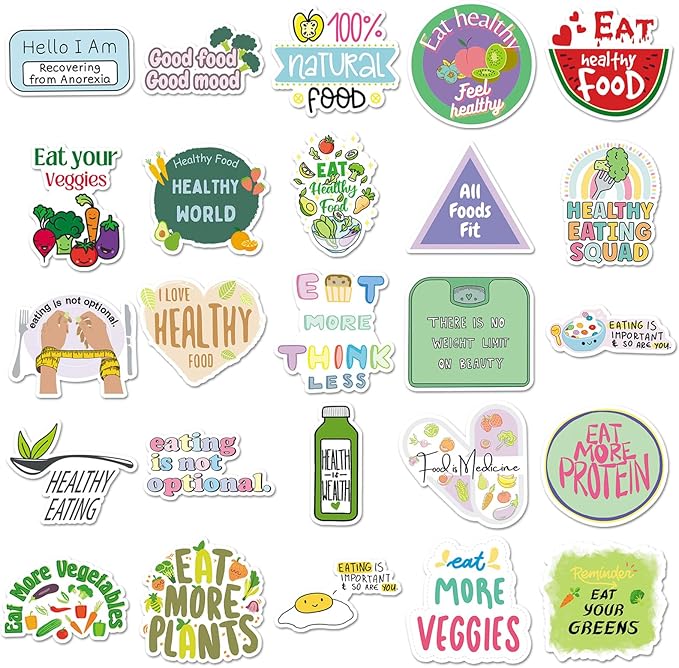 50pcs Healthy Diet Stickers,Healthy Eating Stickers Fruit & Vegetable Meal Decorative Stickers, Self-Adhesive for Scrapbooking, Kitchen Decoration, Weight Loss Plan Recordin