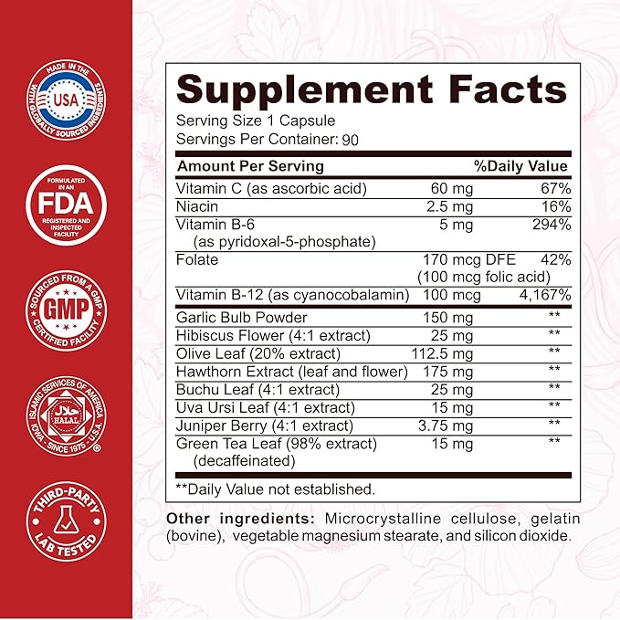 Blood Pressure Support Supplement - Circulation Support & Heart Health Supplements - 13-in-1 Formula with Hawthorn Berry, Hibiscus & Garlic Supplements - 90 Capsules (3-Month Supply)