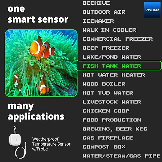 YoLink Weatherproof Fluid, Air, Surface Extreme High/Low Temperature Sensor with Probe, 1000 feet Long Range, App Alerts, Text/SMS, Email Alerts, YoLink Hub Included