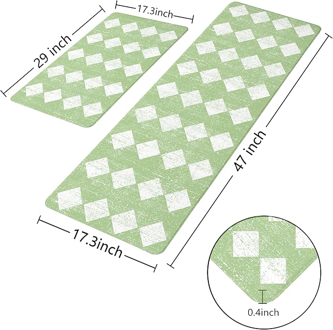 Moroccan Trellis Fresh Green Checkered Kitchen Rug Sets [2 PCs], Anti-Fatigue, Waterproof Non-Slip Kitchen Mats Heavy Duty Ergonomic Comfort Foam Rug for Floor, Home, Laundry,17"x29"+17"x47"