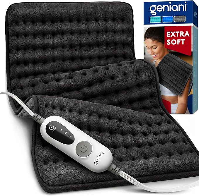 GENIANI Electric Heating Pad for Back Pain & Cramps Relief, Electric Throw, Auto Shut Off, Machine Washable, Moist Heat Pad for Neck & Shoulder - Valentines Day Gifts for Her, (12"x24" Jet Black)