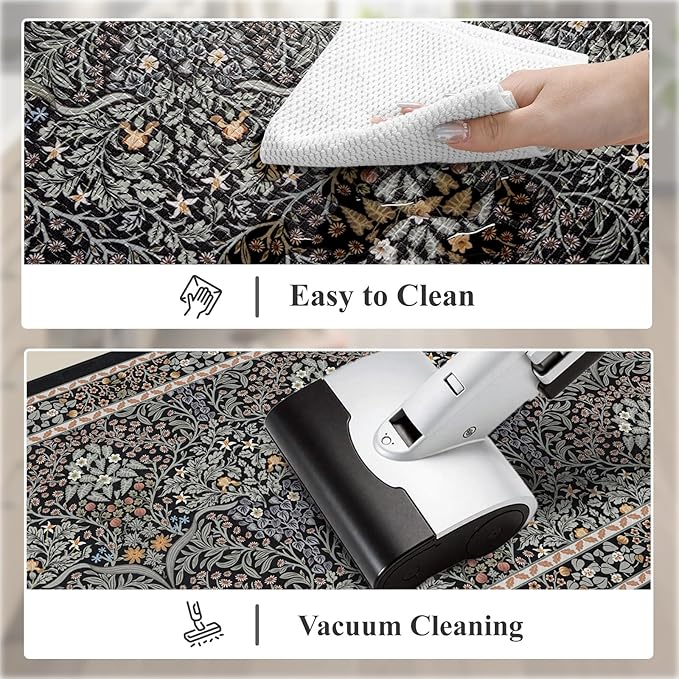 Collive Kitchen Mats for Floor, Cushioned Anti Fatigue Mat Floral Rugs 2 Piece Non Skid Waterproof Sink Rug, Memory Foam Comfort Standing Mat for Office, Laundry, Desk, Black/Mulit