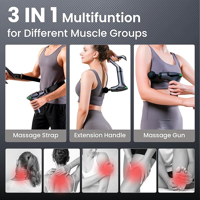 3-in-1 Detachable Percussion Massage Gun with Extension Handle & Massage Strap, Muscle Massage Deep Tissue for Back,Neck,Shoulder Pain Relief, Portable&Quiet for Travel Gym Office-12 Speeds & 4 Heads