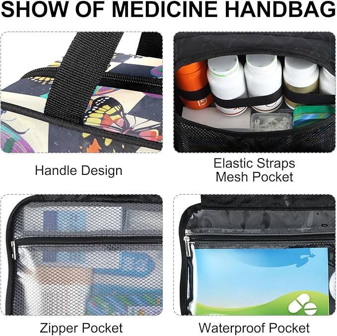 Fustylead Colorful Butterflies Print over Checkers Background Large Medical Supplies Organizer Bag with Zipper Empty First Aid Bag Trauma Kit for Traveling Hiking Camping