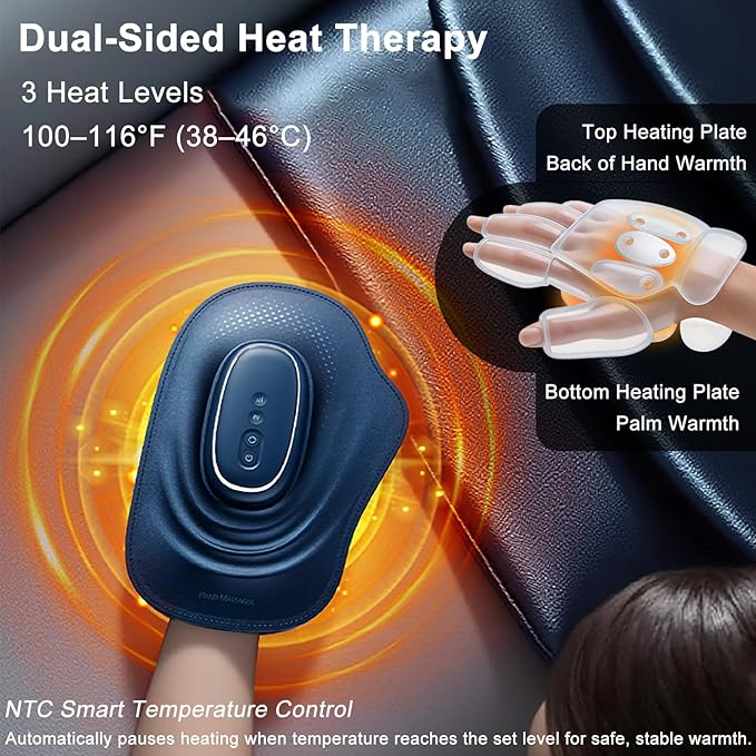 Portable Hand and Wrist Massager with Heat and Compression, 3 Modes, 3 Intensities and 3 Temps (100°F–116°F), for Palm & Fingers, Rechargeable, Home, Office, Travel (Blue)