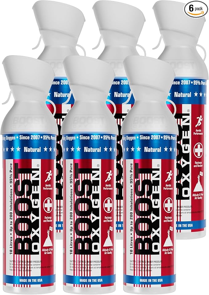 Boost Oxygen Large Natural Stars & Stripes 10L Canister | Respiratory Support for Aerobic Recovery, Altitude, Performance & Health (6 Pack)
