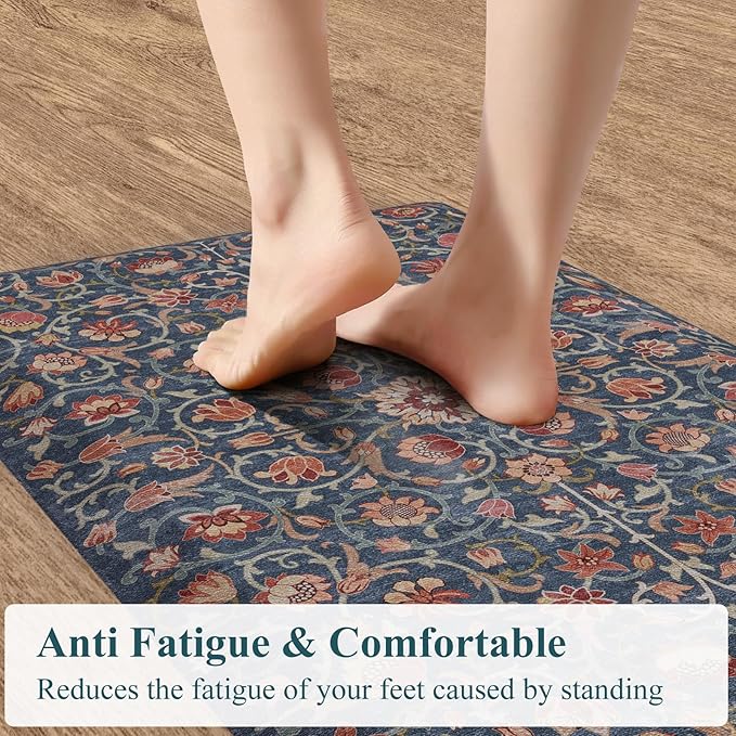 KIMODE Kitchen Mats for Floor Cushioned Anti Fatigue,Boho Vintage Kitchen Rugs Non Slip,Cushioned Memory Foam Kitchen Standing Floor Mat for Bathroom Sink Office Home Decor,Blue/Red 17.3"x28"