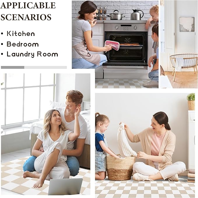 Cream Checkered Grid Checkerboard Kitchen Rug Sets [2 PCs], Anti-Fatigue, Waterproof Non-Slip Kitchen Mats Heavy Duty Ergonomic Comfort Foam Rug for Floor, Home, Laundry,17"x29"+17"x47"