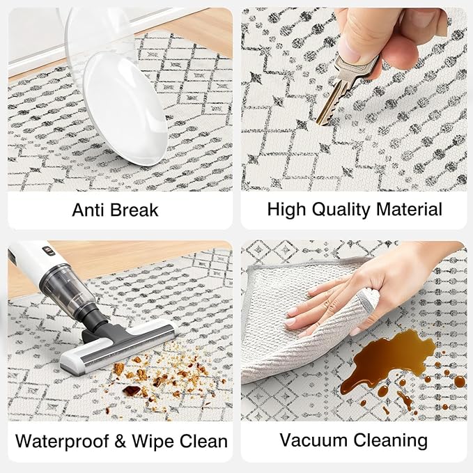 Anti Fatigue Kitchen Rugs Set of 2, Boho Kitchen Mats for Floor, Boho Kitchen Decor, Anti-Slip and Anti-Fatigue Foam Standing Mat,17x30 inch Sink Mat+17x47 inch Runner Rug White