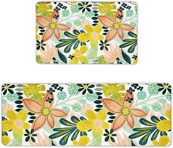 Boho Floral Kitchen Mats Rugs Sets of 2 Cushioned Anti Fatigue Floor Mat Foam Comfort Kitchen Rugs Farmhouse Style Non Slip Waterproof Mid Century Botanical Standing Mat for Sink Laundry