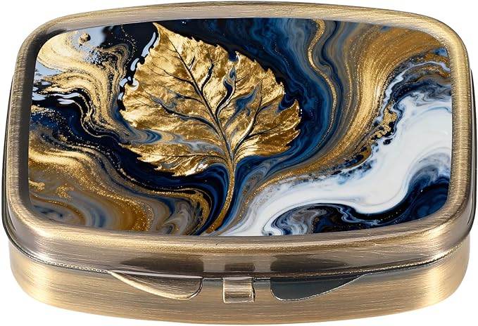 Dynippy Pill Case Pill Box with Mirror Retro Pocket 2 Compartment Medicine Case Vitamin Pill Organizer for Pocket Purse and Travel (A-Marbled Gold Leaf)