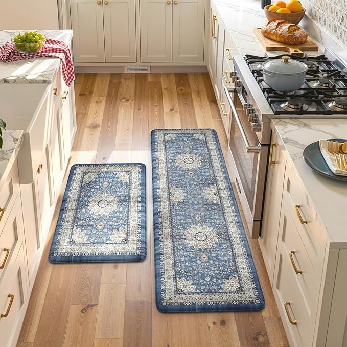 Collive Boho Kitchen Mat, Cushioned Anti Fatigue Kitchen Rug Set 2 Piece Non-Skid Waterproof Kitchen Mats for Floor, Comfort Heavy Duty Standing Mat for Kitchen, Laundry, Office, Desk