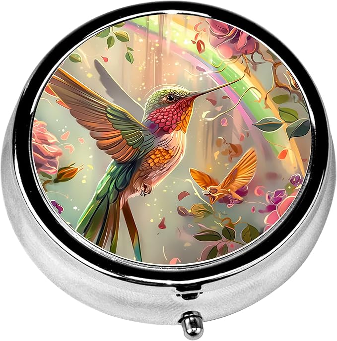 Pill Box, 3 Compartments Small Pill Case Travel Portable Metal Medicine Box with Mirror Mini Container for Purse Pocket Women Men（Humming Bird）