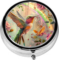 Pill Box, 3 Compartments Small Pill Case Travel Portable Metal Medicine Box with Mirror Mini Container for Purse Pocket Women Men（Humming Bird）
