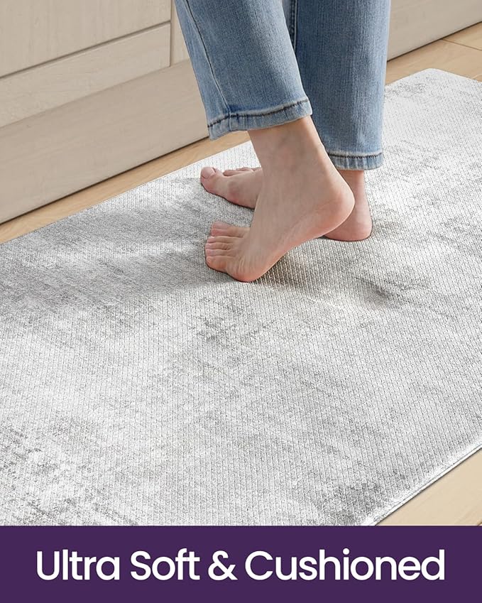 DEXI Kitchen Mats Cushioned Anti Fatigue, 23x86 Floor Padded Runner Rug Non Slip, Waterproof Standing Comfort Memory Foam for Front Sink Laundry, Light Grey