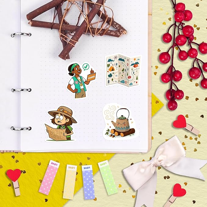 100Pcs Camping Girl Stickers for Water Bottle, Laptop - Cookie Dealer Stickers - Camping Party Supplies & Gifts for Girl - Outdor Adventure Decals - Gift for Women & Men