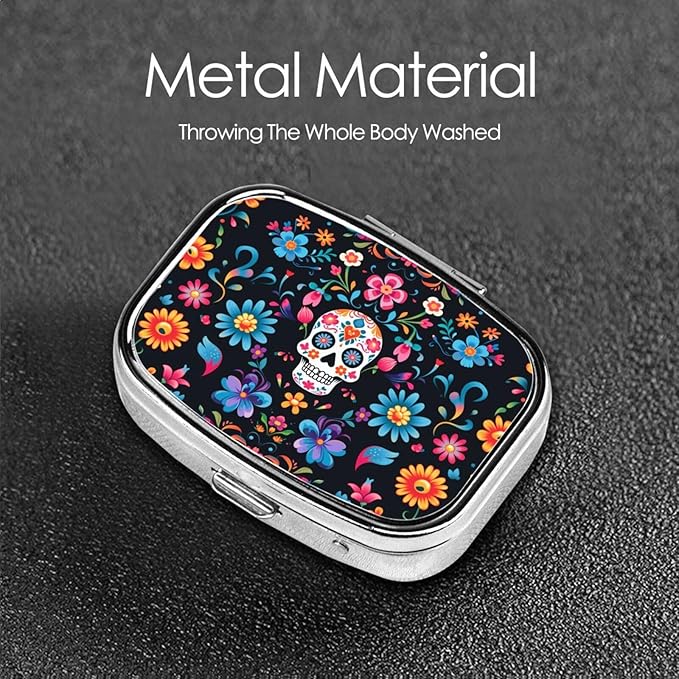 Mexican Sugar Skulls Flowers Print Square Metal Pill Box with 2 Compartment for Pocket or Purse Travel Bag Small Size 2.2 inche