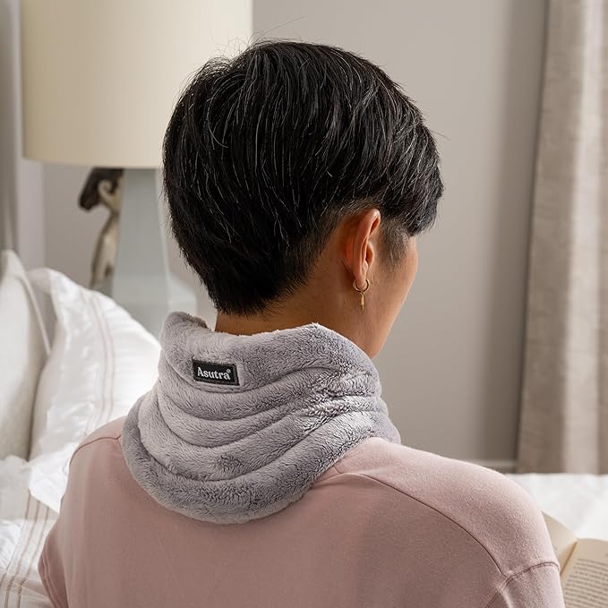 ASUTRA Weighted Neck Wrap, Plush Gray, Microwaveable Heating Pad for Neck and Shoulders, Hot and Cold Compress, Lavender Aromatherapy
