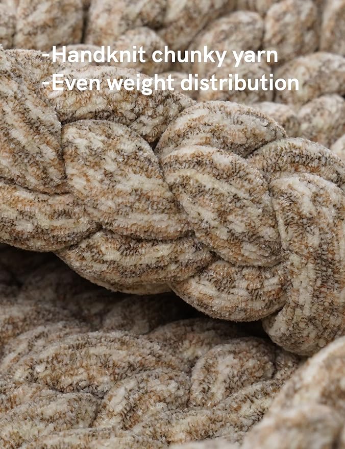 YnM Chenille Weighted Blanket, Handmade Chunky Knitted Design, Soft and Cozy, Temperature Regulating and Breathable, Machine Washable Throw for Sleep or Home Decor (Beige, 50x60 Inch, 10lbs)